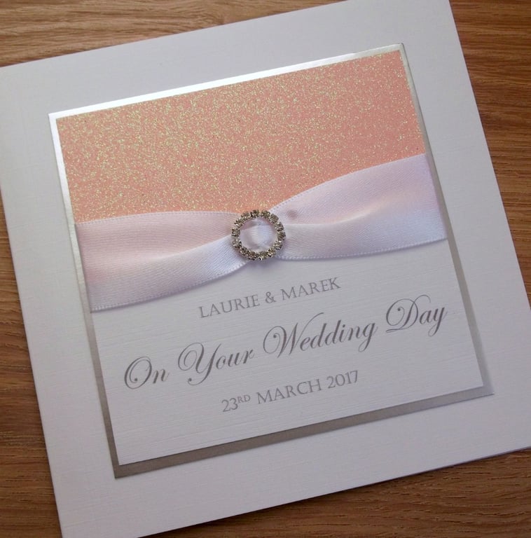 Handmade personalised wedding card with names and date