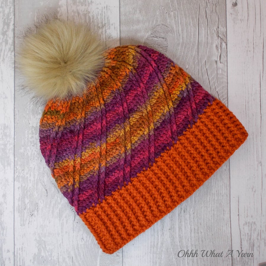 Autumn colours ladies swirl pom pom hat. Crochet hat. Ladies hat.