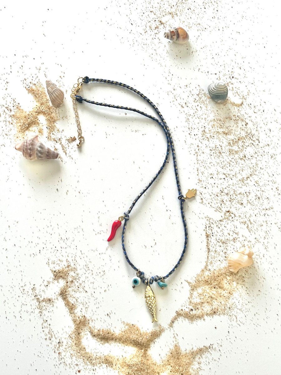 Handmade Coastal Charm necklace with Fish & Evil Eye