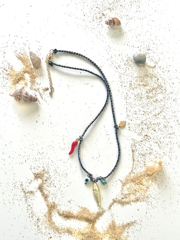 Handmade Coastal Charm necklace with Fish & Evil Eye