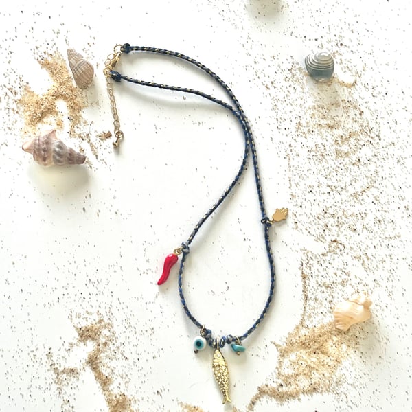 Handmade Coastal Charm necklace with Fish & Evil Eye