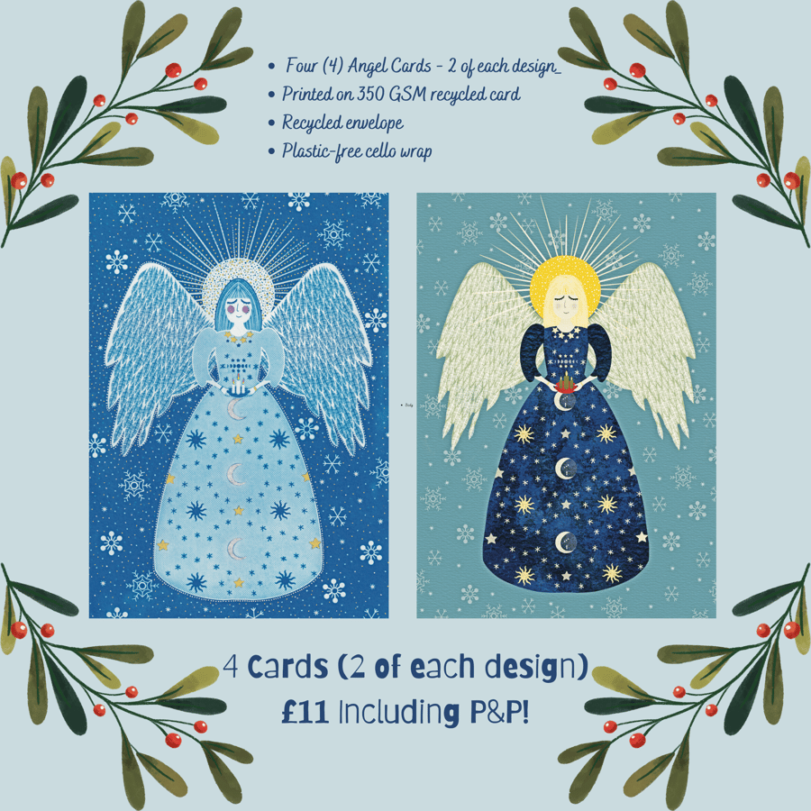 Angel Christmas Card Pack of Four (4) -  A6 - Blank - Free P&P