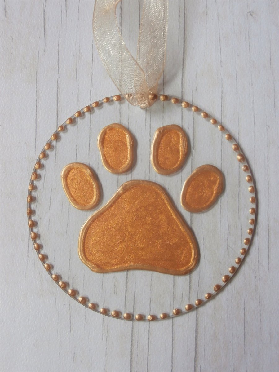 Pawprint sun catcher decoration. Hand painted glass. Pet lover gift. 