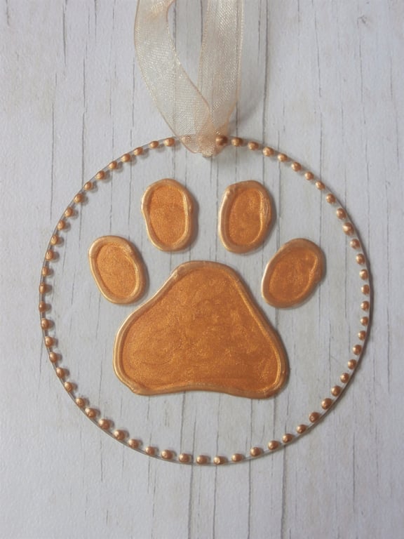 Pawprint sun catcher decoration. Hand painted glass. Pet lover gift. 
