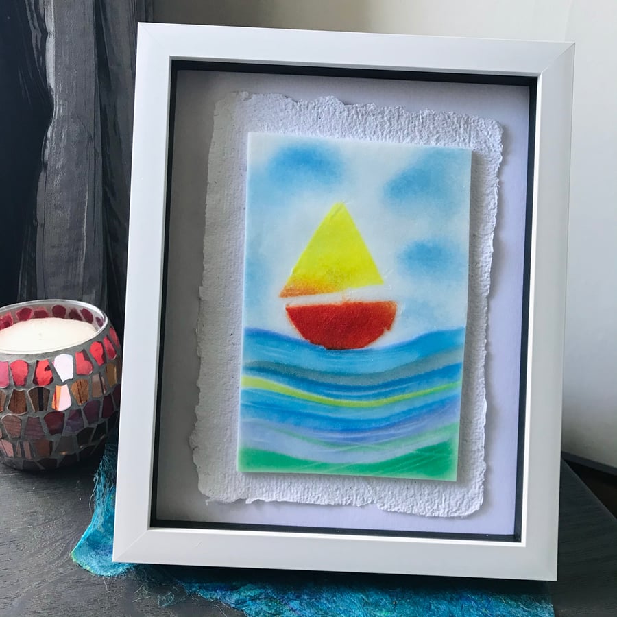 Boat on the sea, fused glass, framed art