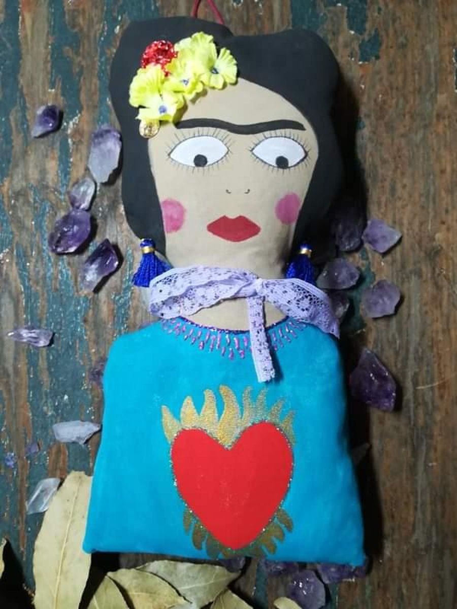 Friday Kahlo inspired art doll wall hanging, art doll,arty gift, vegan, folk ar