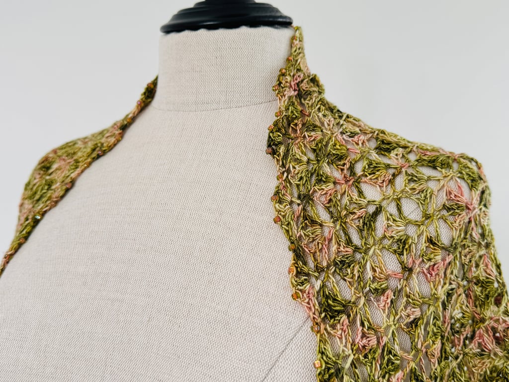 Handmade Crochet Shawl: Silk and Merino Blend with Toho Glass Beads