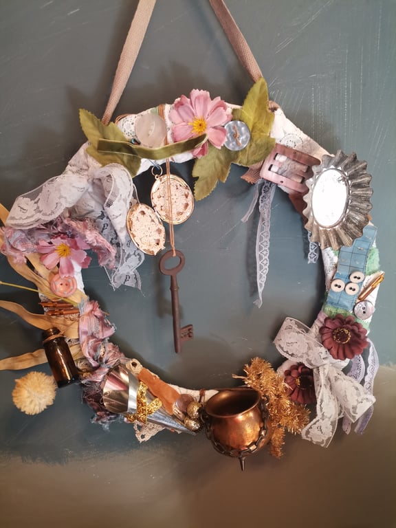 Vintage trinkets wreath, wreath, antique and vintage OOAK art wreath 