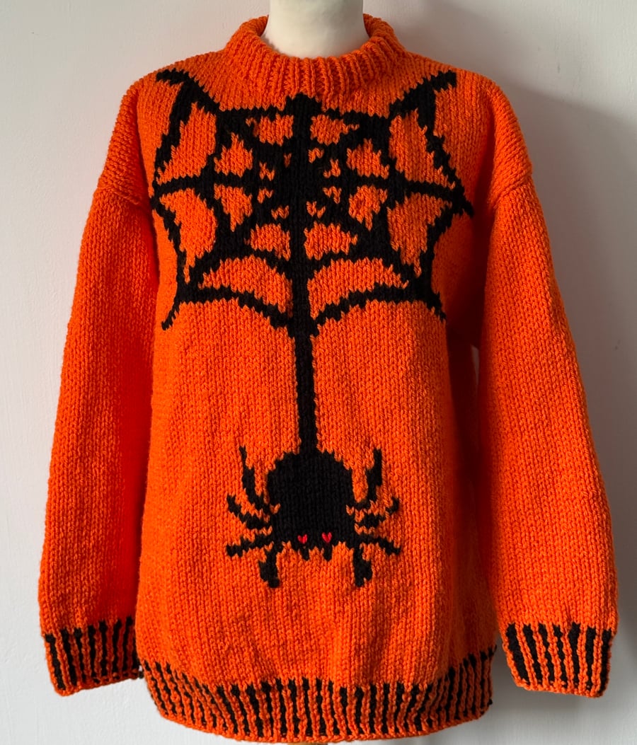 Spider Hand Knitted Bright Orange Sweater With Black Spider