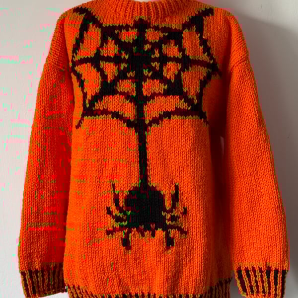 Spider Hand Knitted Bright Orange Sweater With Black Spider