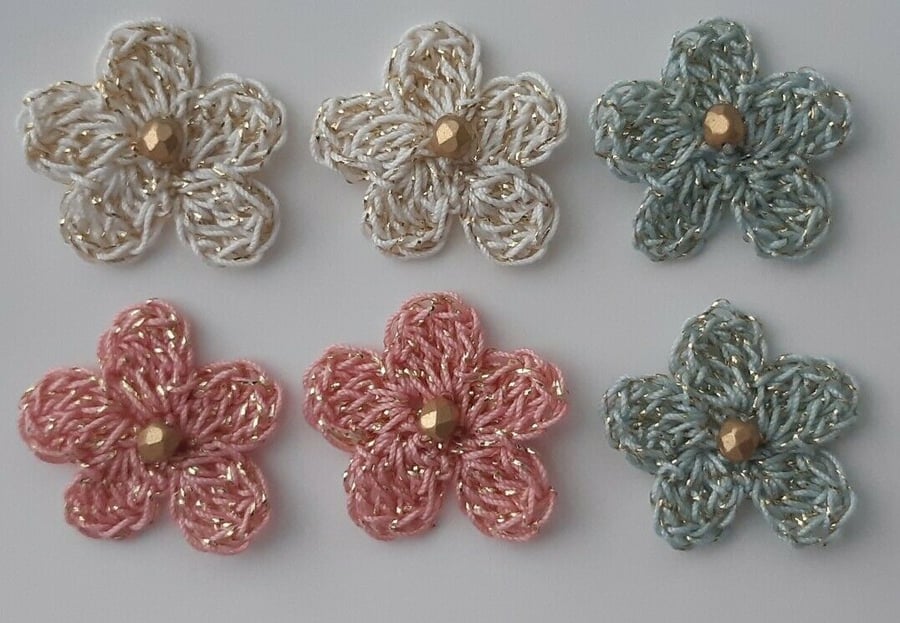 Crochet Flowers -Crafts - Weddings- Christening- Appliques- Golden Pink, Mint