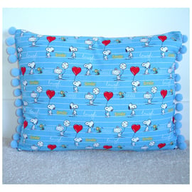 Snoopy Cushion Cover With Pom  Poms Blue and Yellow 16"x12" Bolster
