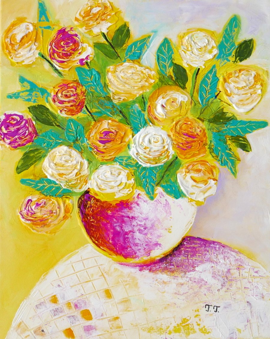 Yellow Roses Original Painting, Still Life Artwork, Colourful Contemporary Art