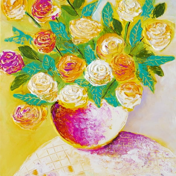 Yellow Roses Original Painting, Still Life Artwork, Colourful Contemporary Art