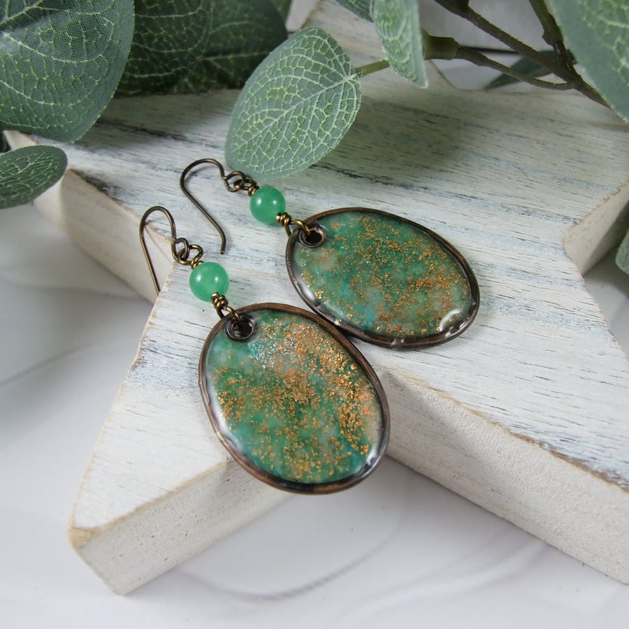Earrings, Copper and Green Marbled Clay Droppers