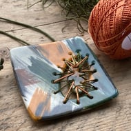 Statement Pendant Necklace Handmade Ceramic with Stitched Element 