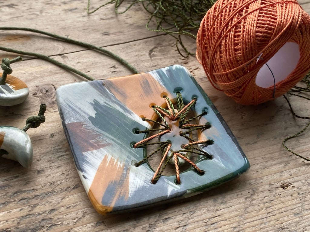 Statement Pendant Necklace Handmade Ceramic with Stitched Element 