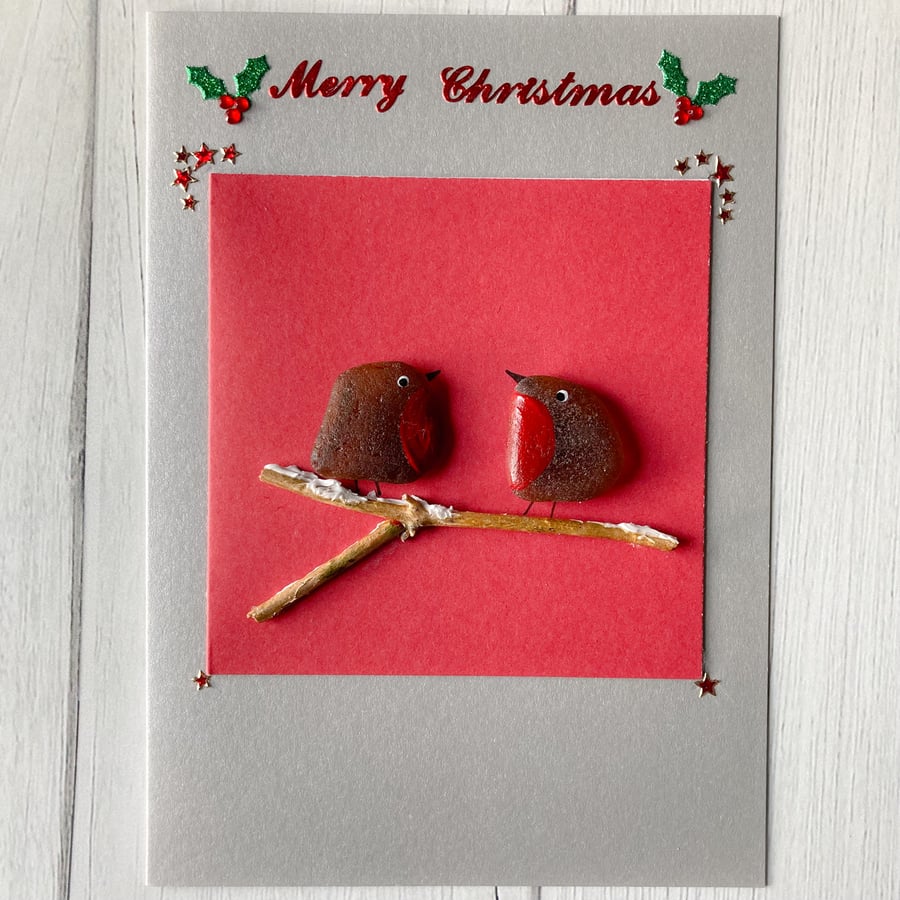Hand made Robin Christmas card with Cornish Sea Glass 
