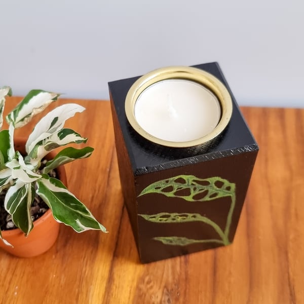 Medium tea light holder with Monstera Obliqua Peru motif for rare plant lover
