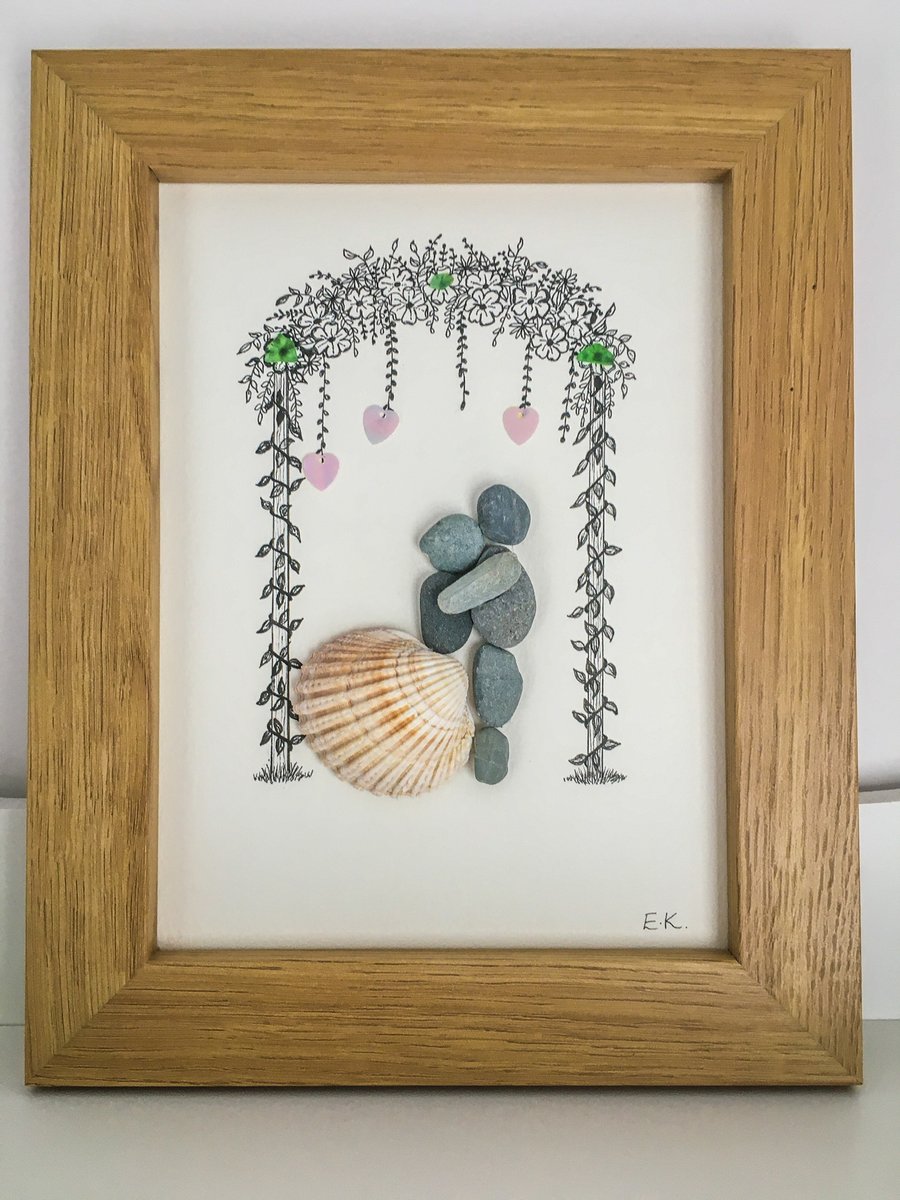 Framed pebble art.” pebble couple” handmade in Cornwall 