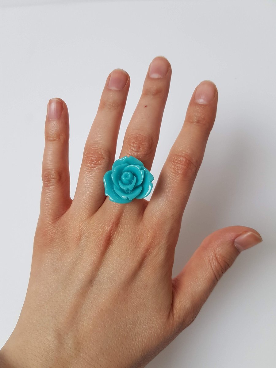 Women's BlueGreen Rose Flower Statement Adjustable Ring