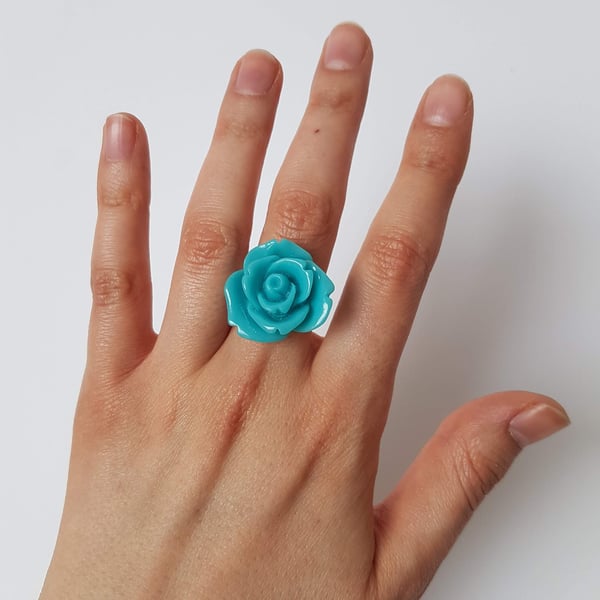 Women's BlueGreen Rose Flower Statement Adjustable Ring