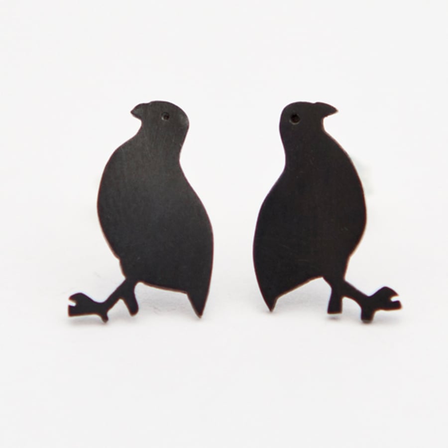 Red Legged Partridge Oxidised Silver Stud Earrings