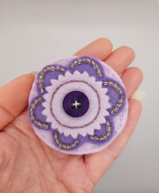 Upcycled purple flower brooch embroidery 