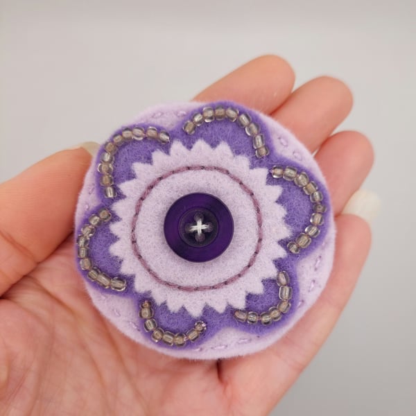 Upcycled purple flower brooch embroidery 