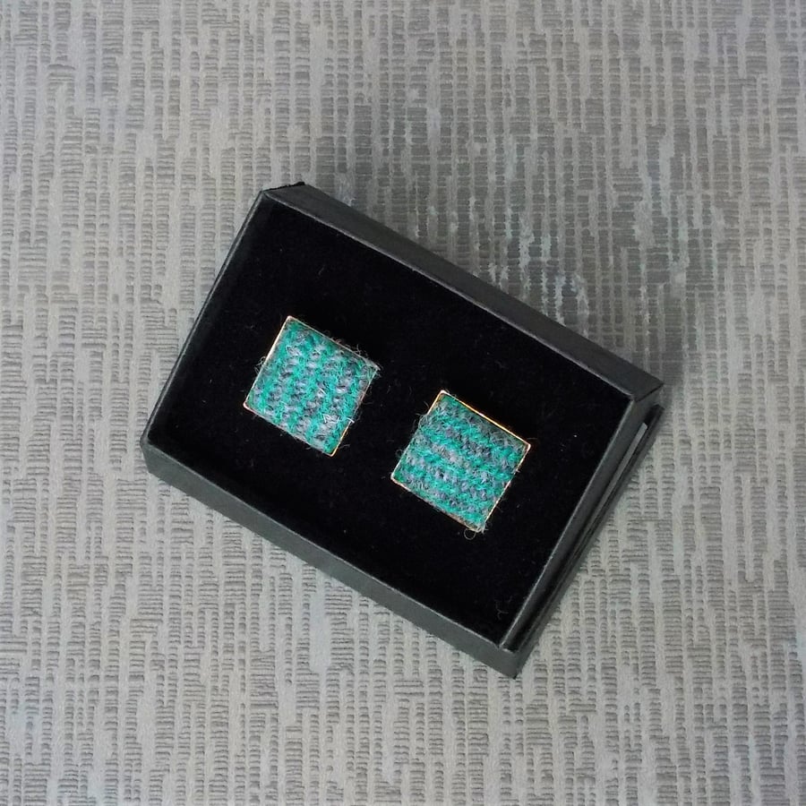 Harris tweed square cufflinks teal and grey gift for men   (ref csq0039)