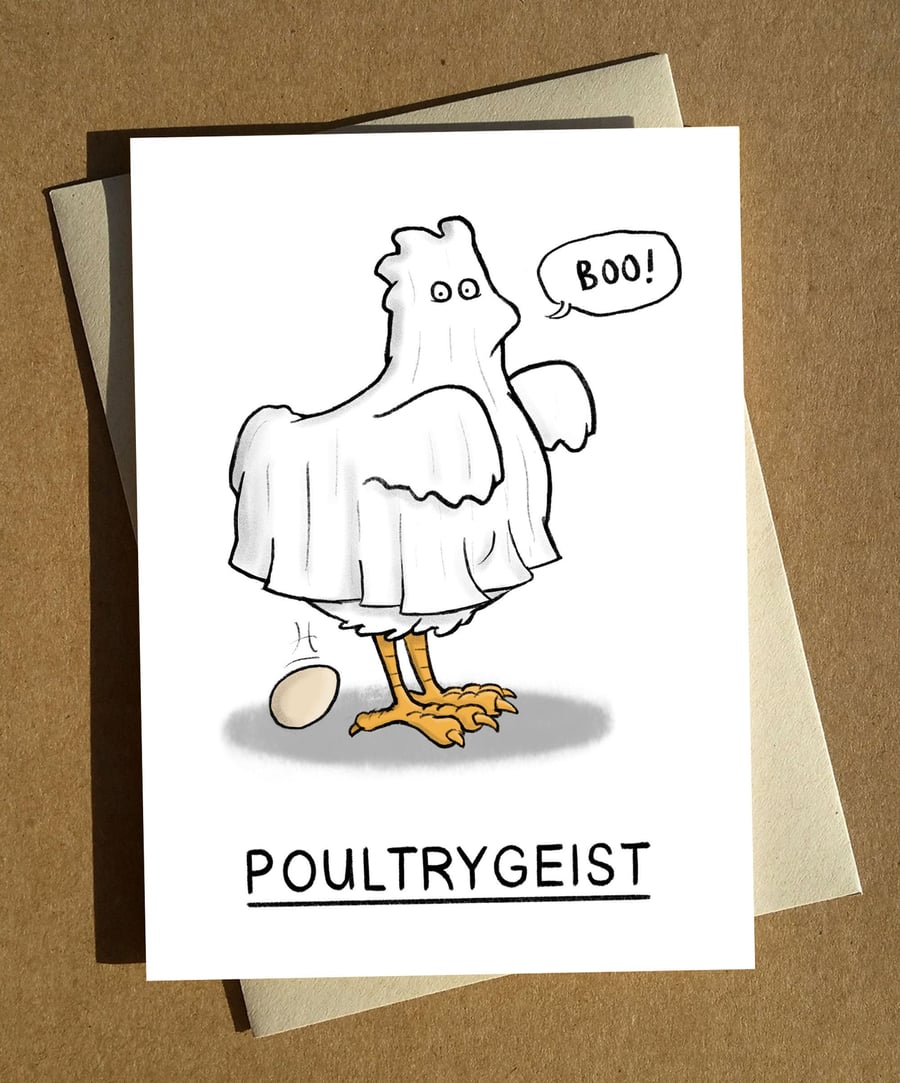 Poultrygeist Cartoon Pun Halloween and Birthday Card A6 - Funny Chicken