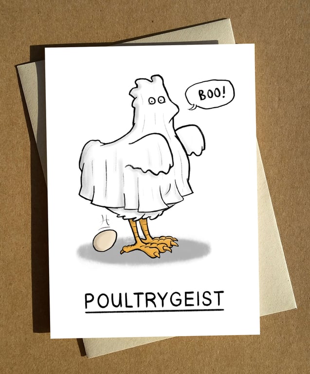 Poultrygeist Cartoon Pun Halloween and Birthday Card A6 - Funny Chicken