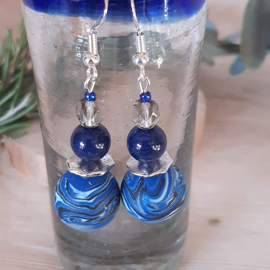 Handmade Dangly Polymer Clay Earrings – Bright Blue, Silver, White and Black 