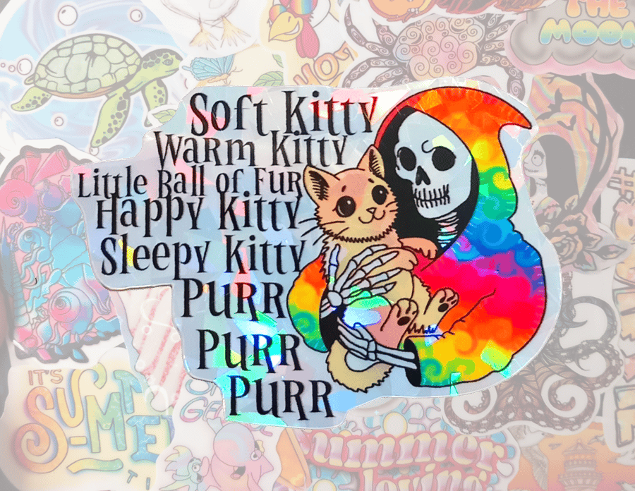 Grim Reaper Soft Kitty Lyric Holographic Sticker