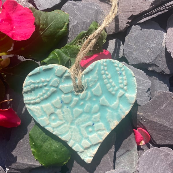 Heart pale blue hanging pottery decorative heart  - free postage