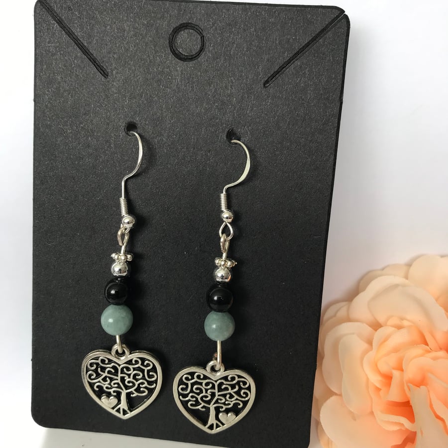  Semi Precious Burmese Jade & Onyx Tree of Life Earrings, Freepost