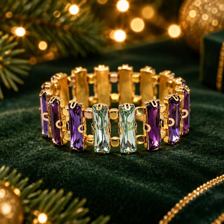Jewel Tone Crystal Stretch Bracelet Purple Violet & Aqua Glass Crystals 