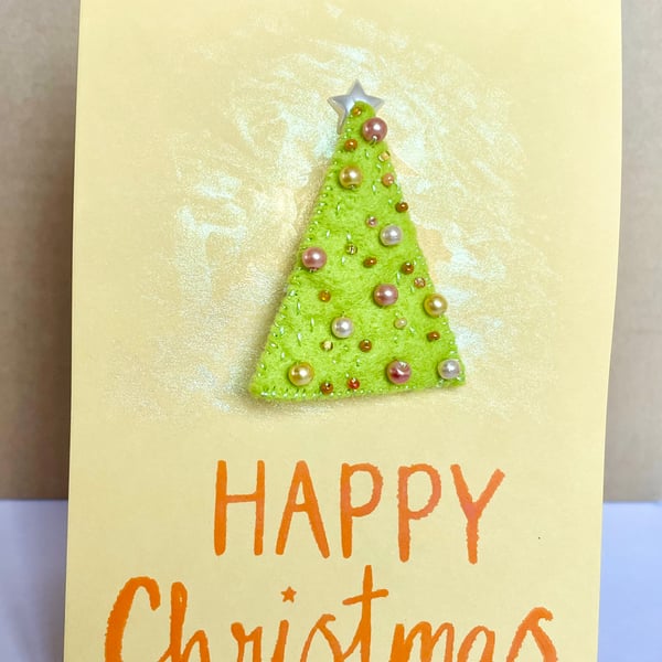 Hand embroidered felt, beaded Christmas tree brooch pin and water coloured card 