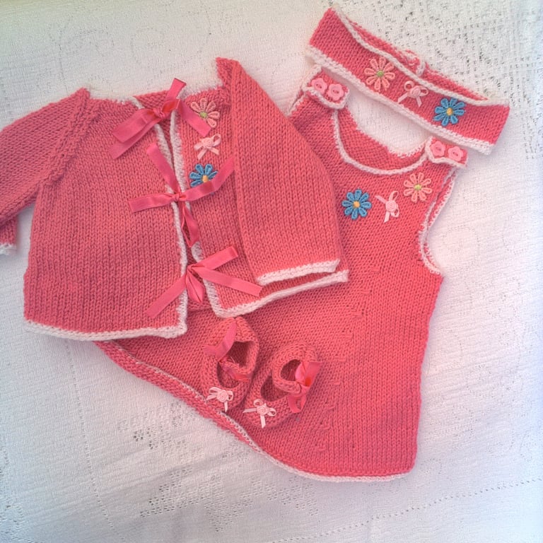 Baby Girl's 4 Piece Dress Set, Hand Knitted Baby Clothes, Custom Make, Baby Gift