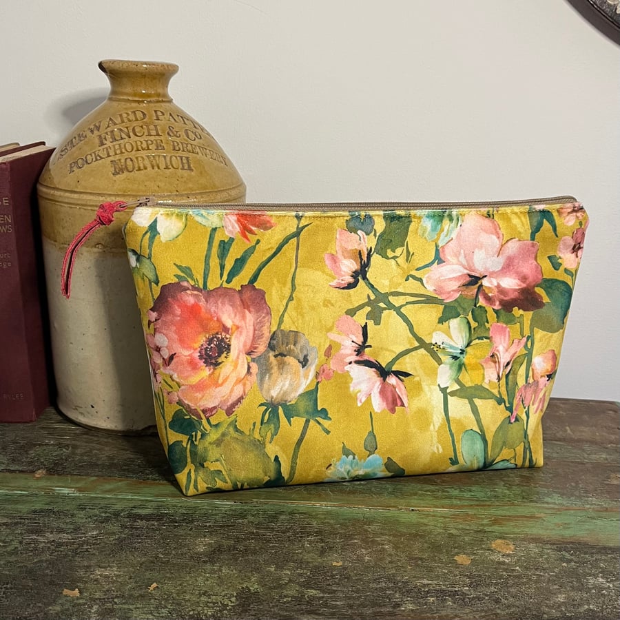 Yellow floral velvet zip pouch large bag with pretty lining 