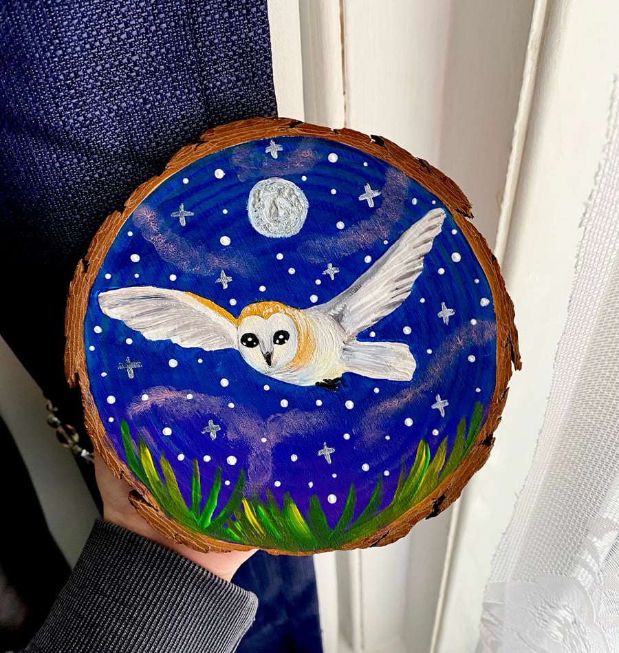 Hand painted owl wood slice 