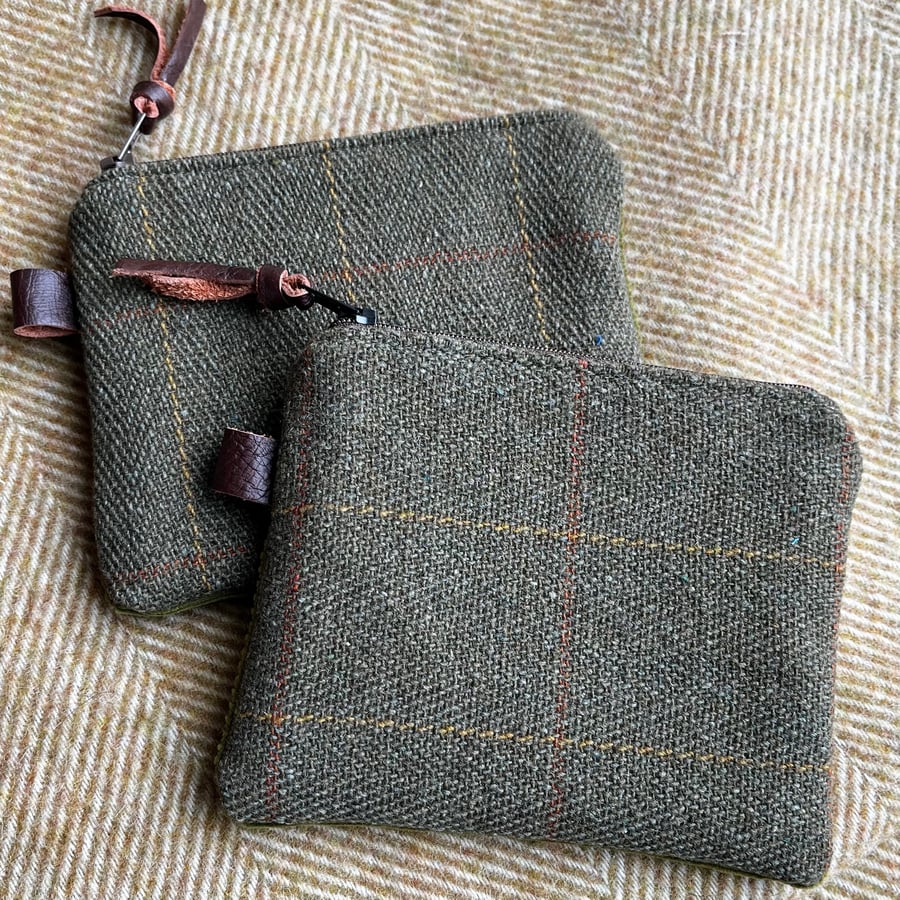 Green tweed coin purse corduroy back from repurposed shooting jacket