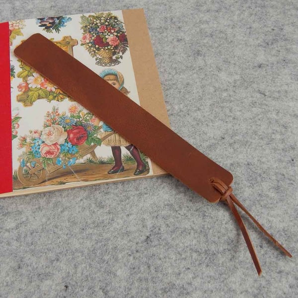Leather Bookmark in Satchel Tan with leather tail.