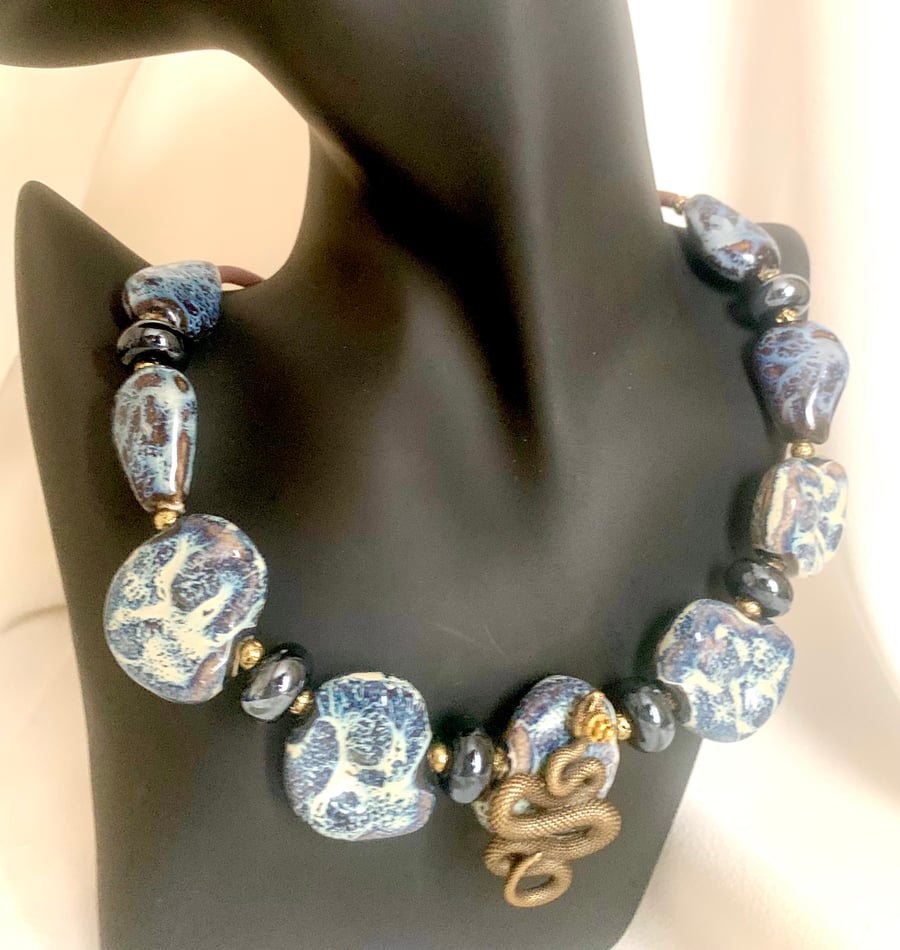 Ceramic and bronze beaded snake necklace choker 