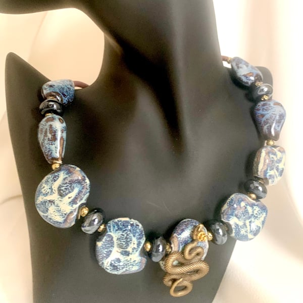 Ceramic and bronze beaded snake necklace choker 