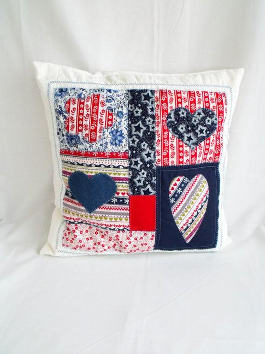 patriotic patchwork heart pillow slip, embroidered cushion cover, 17 x 17 inch