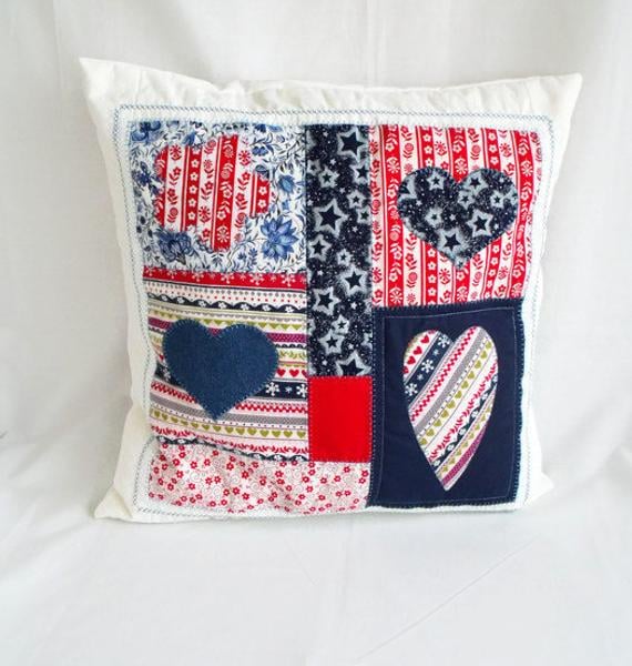 patriotic patchwork heart pillow slip, embroidered cushion cover, 17 x 17 inch