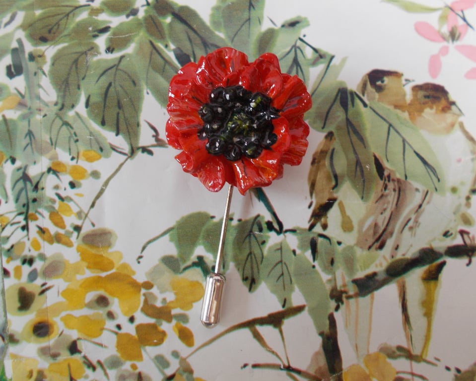 RED FIELD POPPY Flower PIN Remembrance Lapel Flower Brooch HANDMADE HAND PAINTED