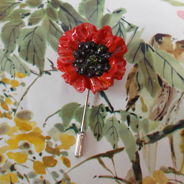 Unique RED FIELD POPPY PIN Remembrance Lapel Flower Brooch HANDMADE HAND PAINTED