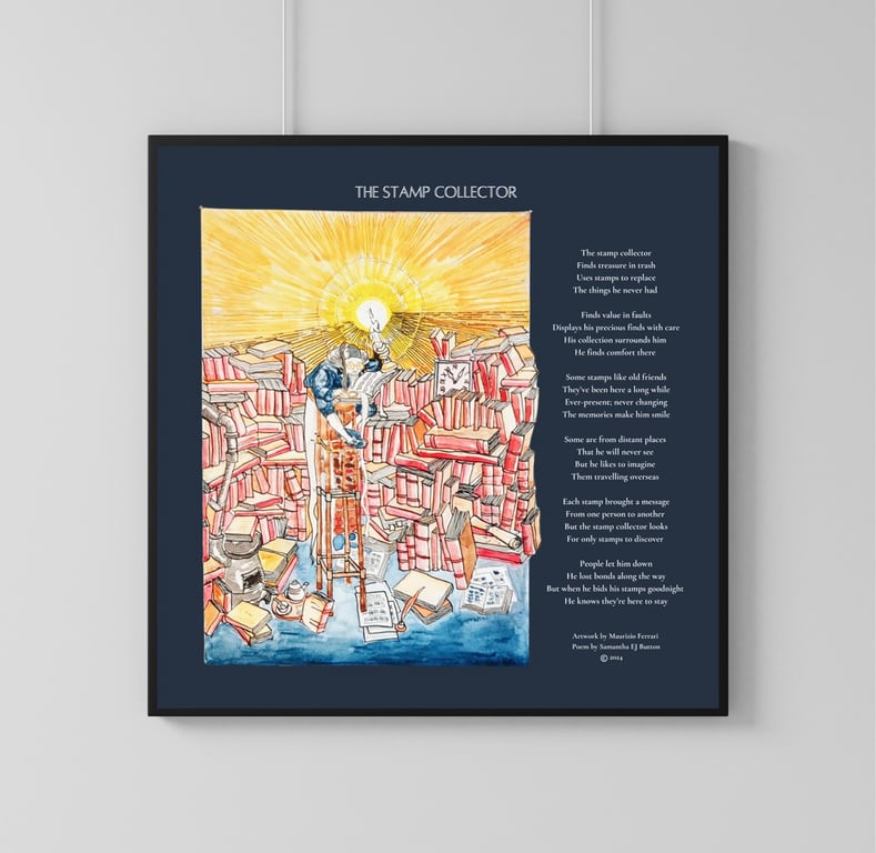 Illustrated print of The Stamp Collector. Art print. Wall art. Poetry print.